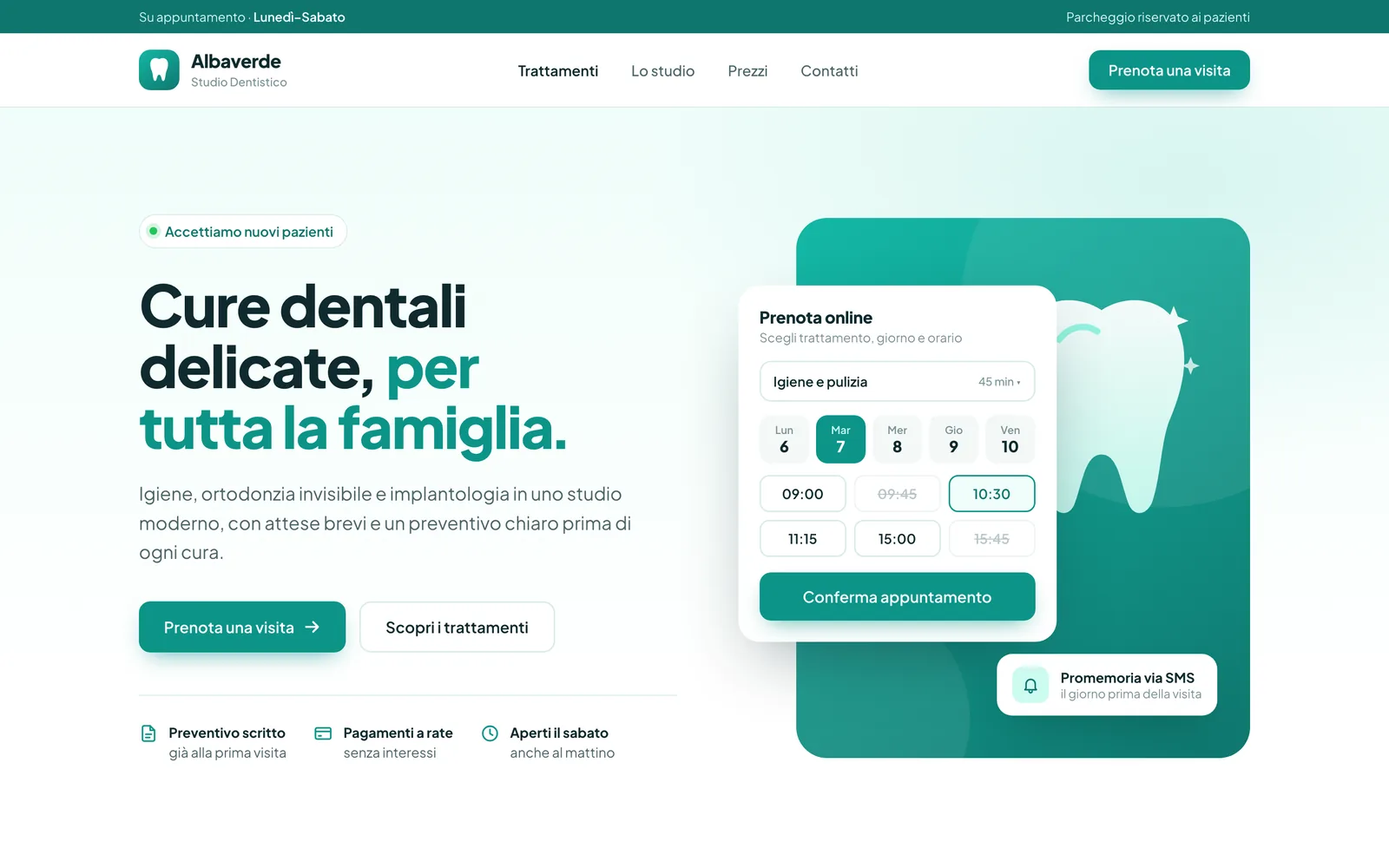 Apertura del sito dimostrativo dello Studio Albaverde su schermo grande: titolo, rassicurazioni e pulsante per prenotare