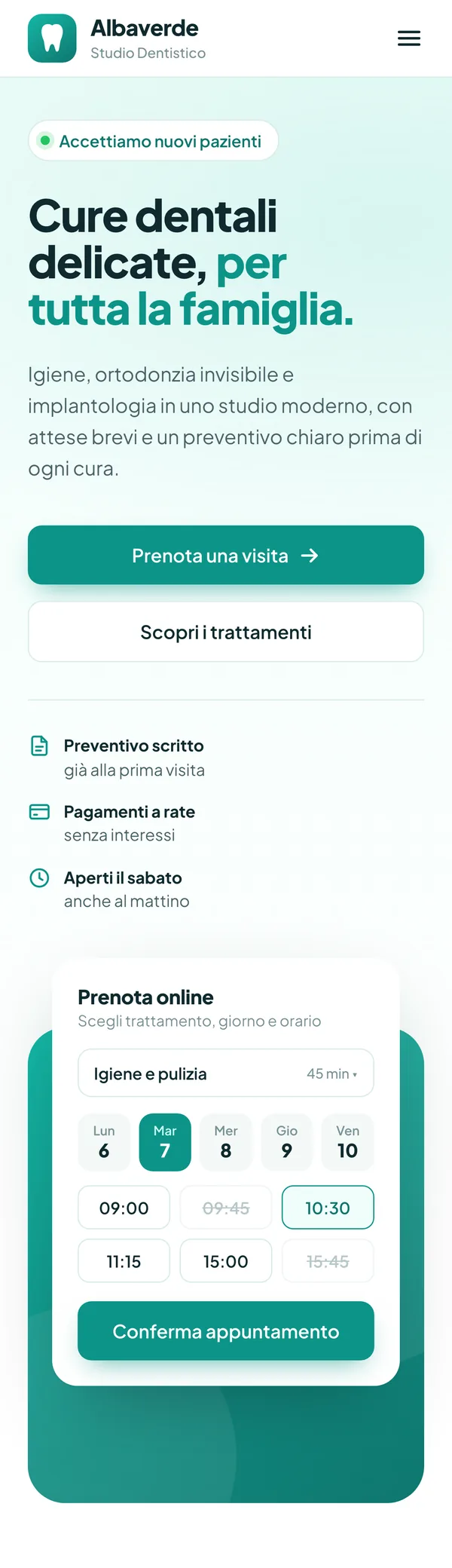 Lo stesso sito dimostrativo visto da telefono: contatti e prenotazione raggiungibili con il pollice